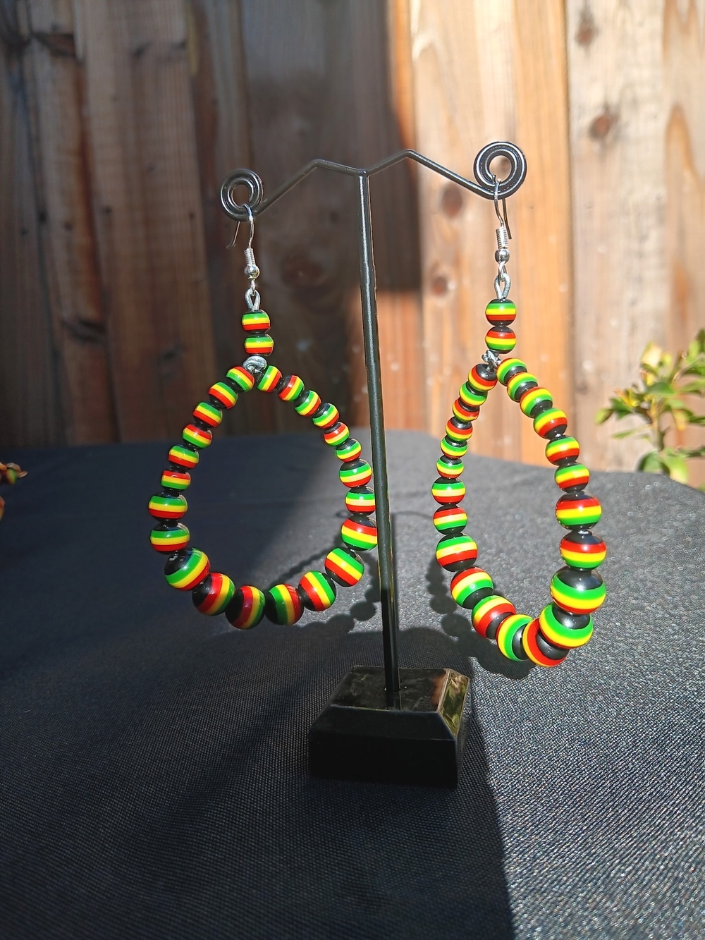 Handmade Rasta Stripe Beaded Teardrop Earrings - Green/Yellow/Red